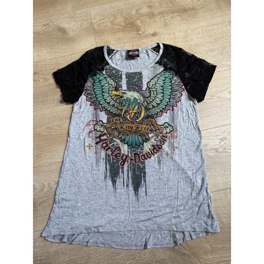 EUC Womens Harley Davidson Motorcycle Top Black Lace short sleeve Eagle size M